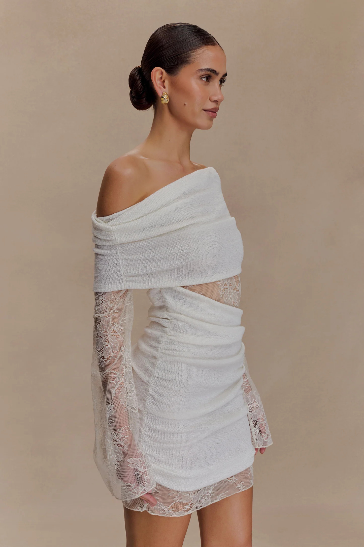 Lace Knit Mini Dress - Ivory | MESHKI US