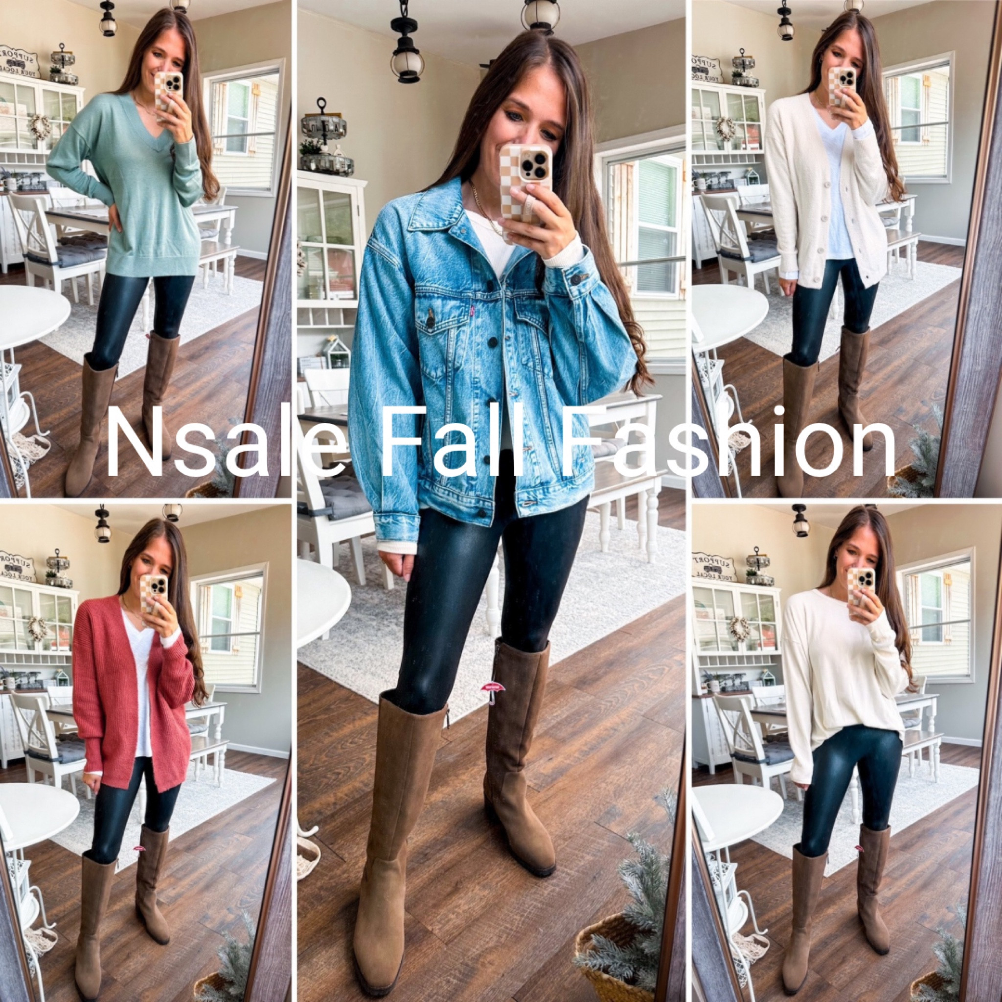 Nsale items still in stock! 
Green sweater XS 
Orange cardigan XS 
Denim jacket XS 
BFD cardigan XS 
Waffle knit top small 
Leggings small petite 
Boots tts 
White long sleeve XS 

#LTKxNSale #LTKSaleAlert #LTKStyleTip