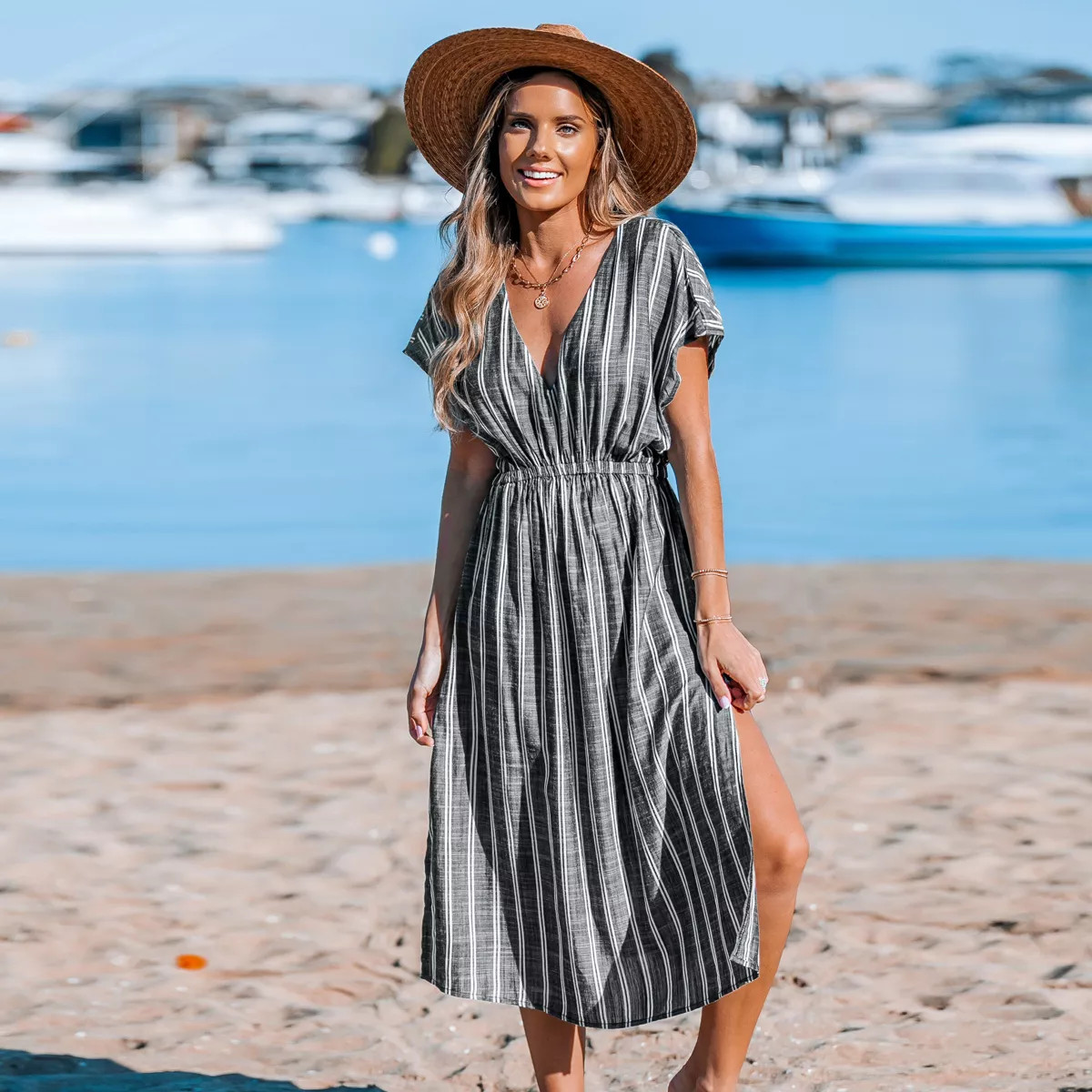Women's Striped Side Split Midi Cover-Up Dress - Cupshe | Target