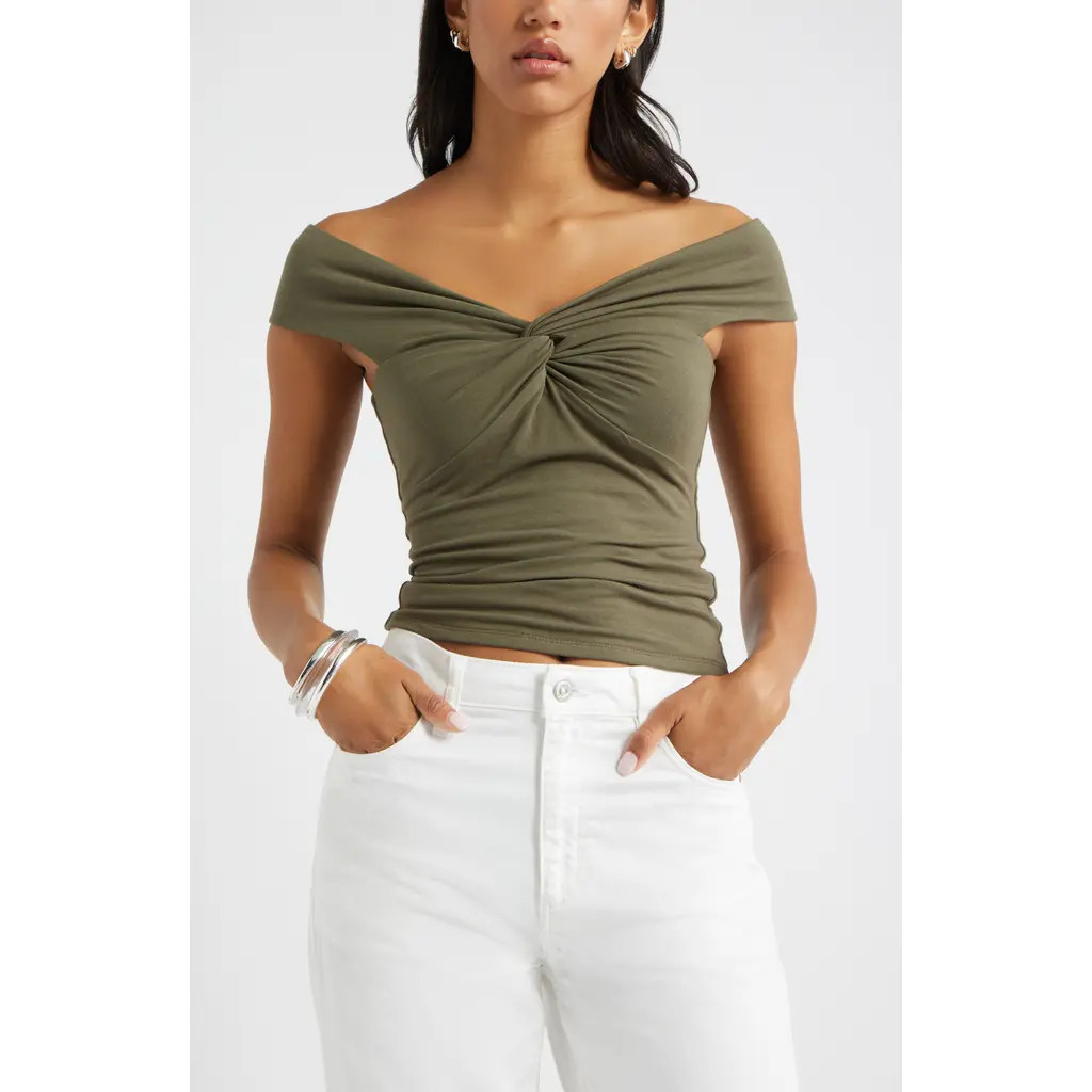 Open Edit Twist Front Off the Shoulder Top in Olive Sarma at Nordstrom Rack, Size Large | Nordstrom Rack