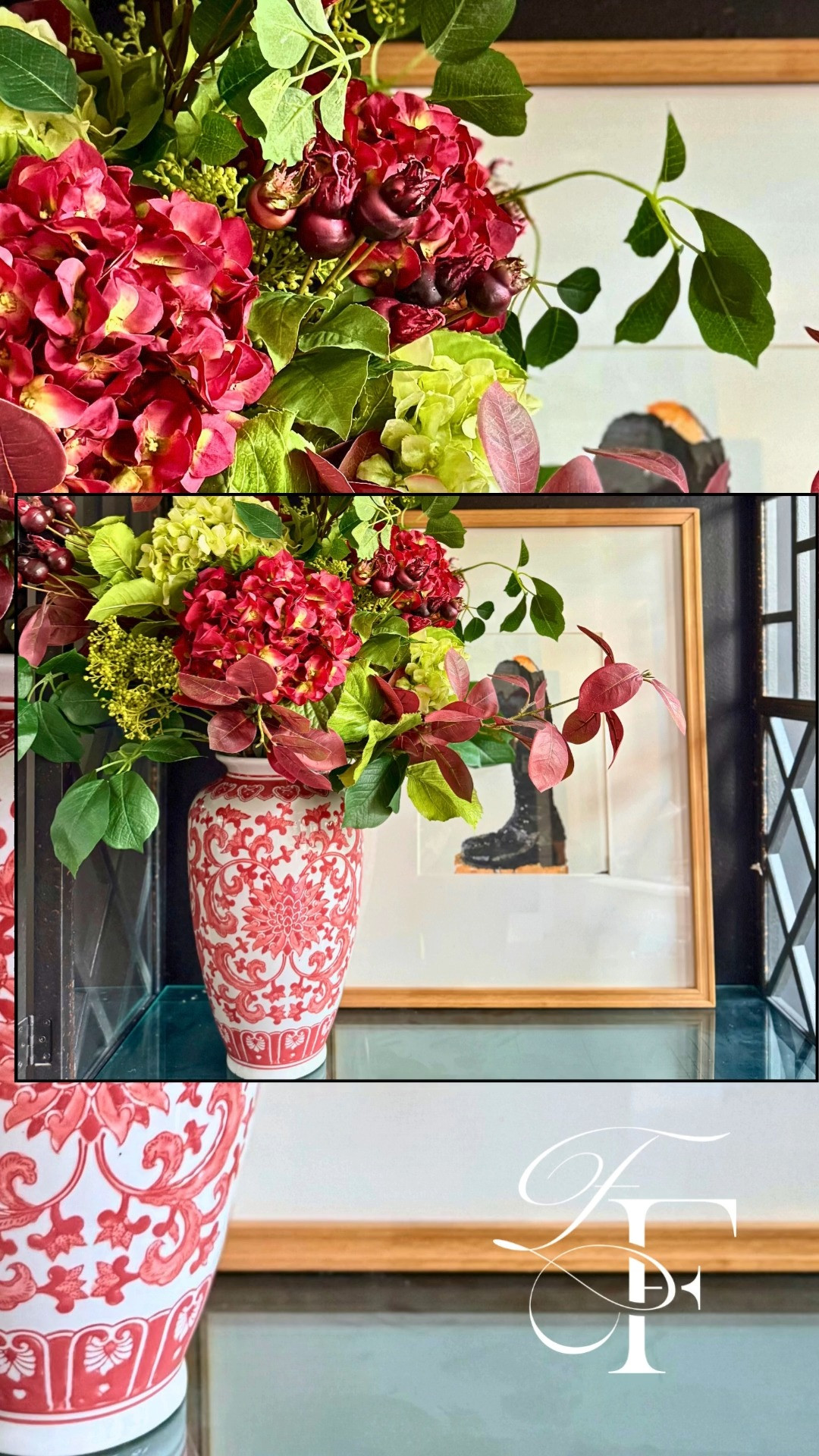 This✨ "Ralph Lauren"✨ inspired book case with the equestrian boot framed picture has a beautiful red chinoiserie vase with faux hydrangeas and faux greenery. This is a classic look that looks stunning all year round. 
#ltkralphlaureninspired #ltkhomedecor 

 #LTKHoliday #LTKSeasonal #LTKHome