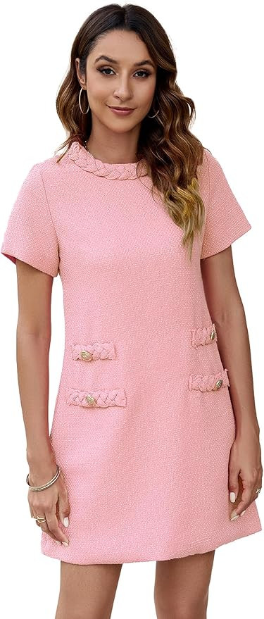 Ladyful Womens Tweed Jackie Dress Short Sleeve Elegant Crew Neck Business Party Vintage Button Bo... | Amazon (US)