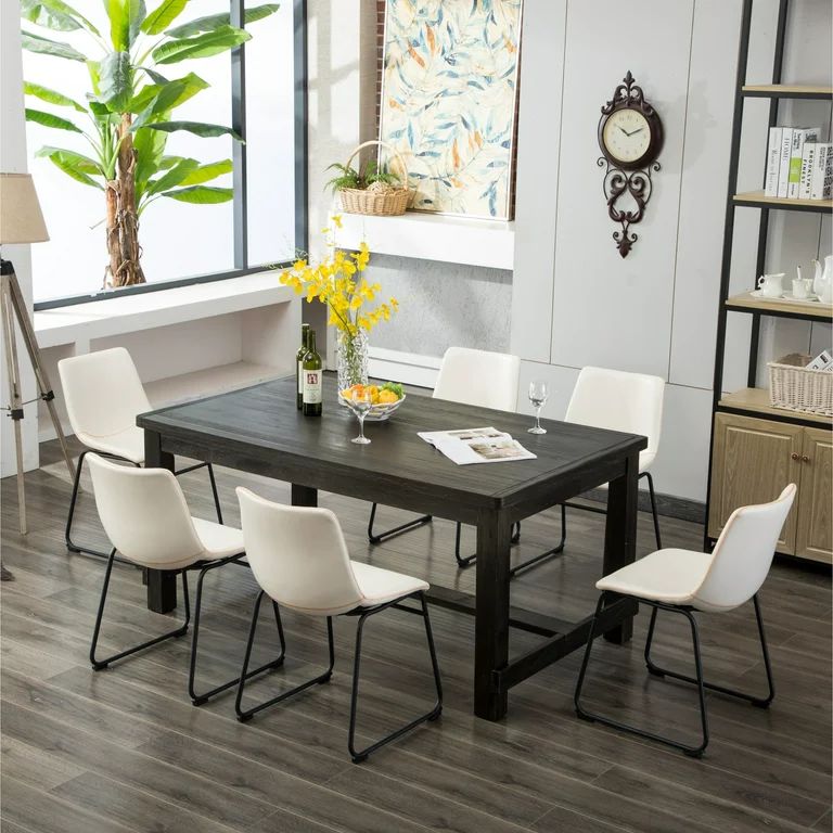 Roundhill Furniture Lotusville 7-piece Black Dining Table and Faux Leather Chairs Set White | Walmart (US)