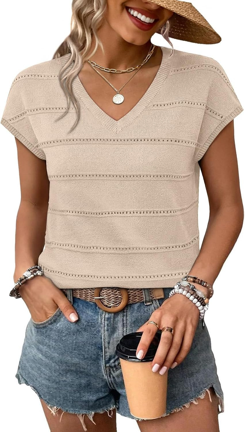 WIHOLL Short Sleeve Sweater for Women V Neck Trendy Summer Tops 2026 Spring Fashion Clothing Business Casual Outfits | Amazon (US)