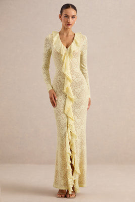 Exelia | Lemon Lace Plunge-Neck Maxi Dress With Long-Sleeves | Club L London