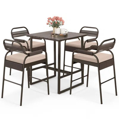 5 PCS Outdoor Counter Bar Set, 36" High Metal Bar Table with 4 Cushioned Stools Chairs & Slatted Tabletop, Counter-Height Bistro Set | Wayfair North America