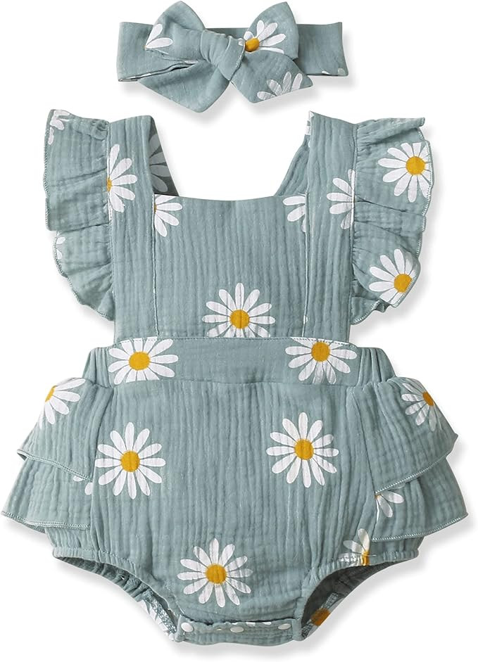 PATPAT Newborn Baby Girl Clothes Daisy Print Crepe Fabric Baby Romper Set Infant Girl Outfits 2PC... | Amazon (US)