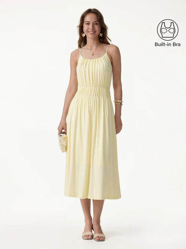 Vacay Gathered U-Neck Spaghetti Midi Bra Dress with Pockets | OGLmove