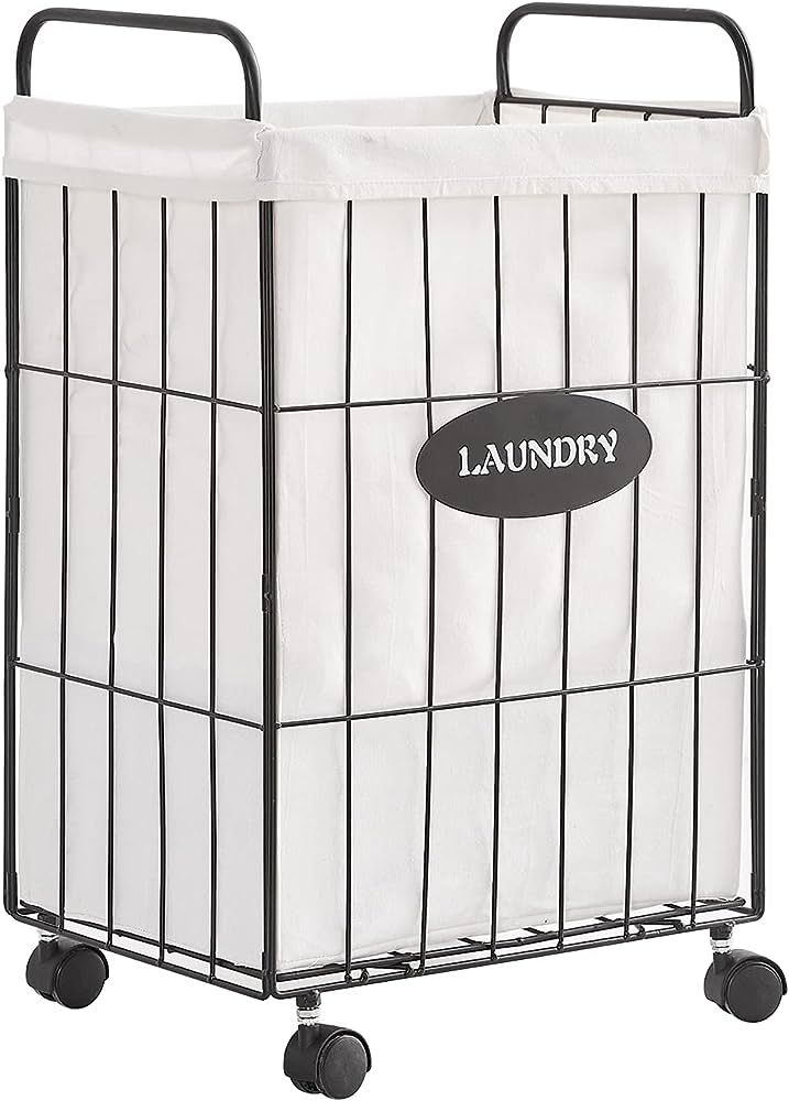 Mxfurhawa Iron Wire Laundry Hamper With Rolling Lockable Wheels, FoldinLaundry Storage Basket wit... | Amazon (US)