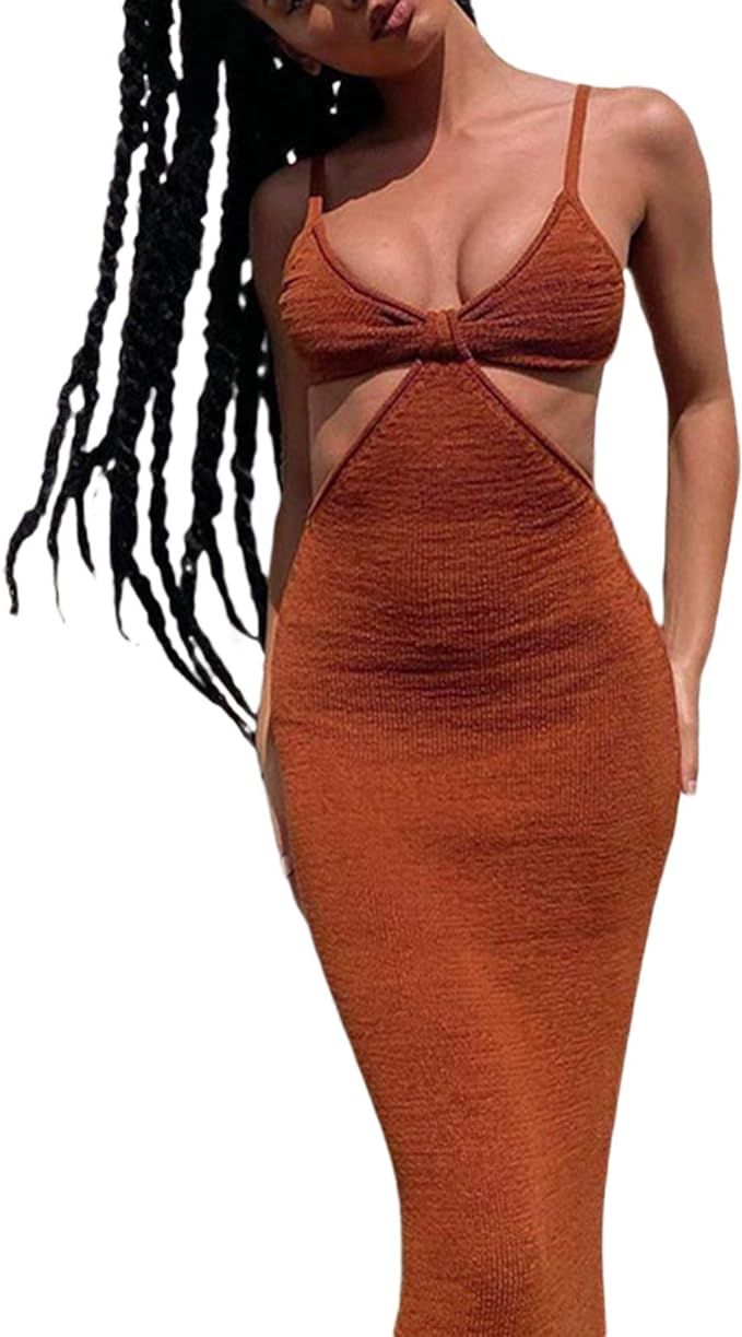 NUFIWI Womens Sexy Knitted Cut Out Spaghetti Strap Long Dresses Halter Neck Backless Maxi Dress C... | Amazon (US)