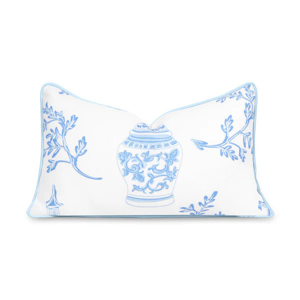 Coastal Indoor Outdoor Lumbar Pillow Cover, Chinoiserie with Piping, Baby Blue, 12"x20" | Hofdeco