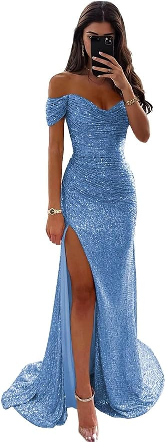 Sparkly Sequin Strapless Prom Dresses for Women Off Shoulder Mermaid Formal Ball Gown with Slit | Amazon (US)
