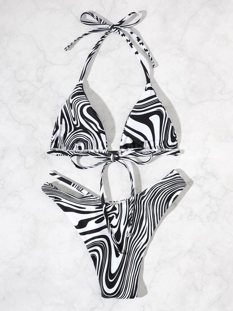 Zebra Stripe Halter Bikini Swimsuit | SHEIN