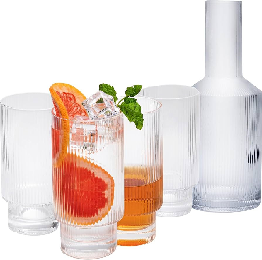 POWERLIX Ribbed Glassware with Pitcher, Set of 4, Ribbed Drinking Glass Set, Vintage Ribbed Glass... | Amazon (US)