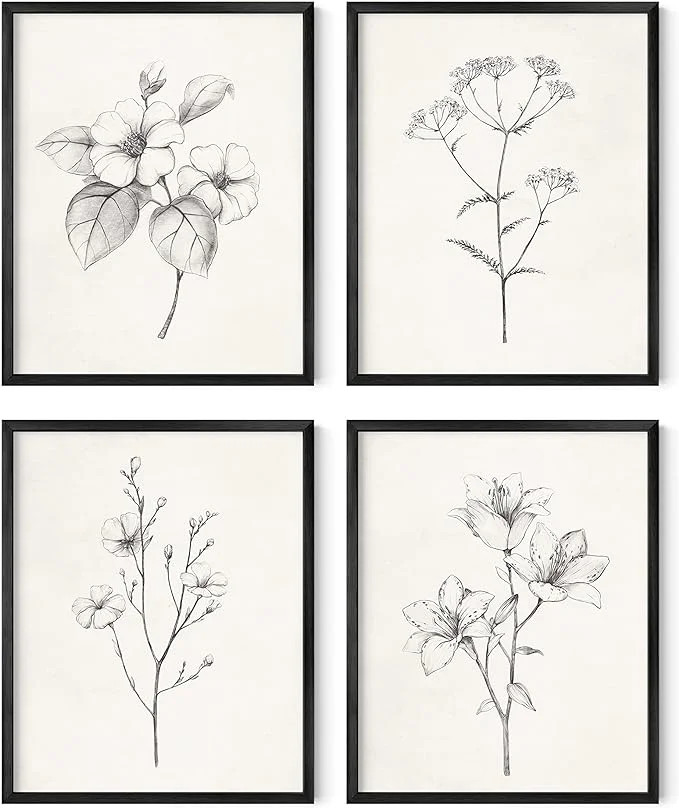 Haus and Hues Grey Floral Wall Art - Set of 4 Plant Posters for Wall Vintage, Botanical Prints, B... | Walmart (US)