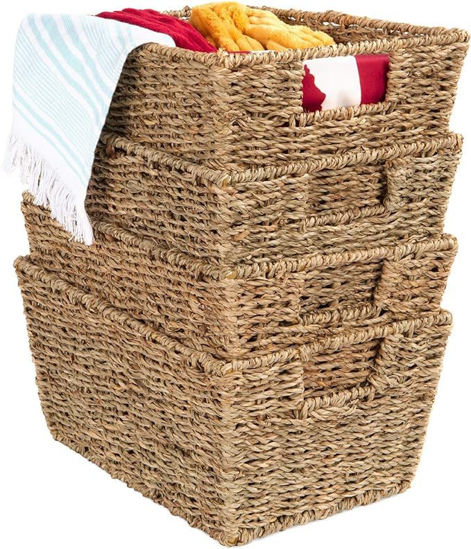 Best Choice Products Rustic Set Of 4 Multipurpose Stackable Seagrass Storage Basket, Handwoven La... | Amazon (US)