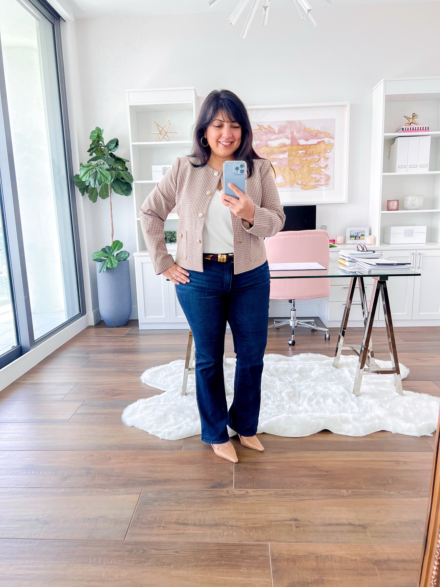 Workwear outfit! This plaid collarless blazer is so good, the fit is great and it’s on sale today for $52 + free shipping! Love the gold button details and that it’s available in both regular and petite sizes. Wearing it here in size large petite. Wit and Wisdom bootcut jeans size 12 petite. Madewell belt size large. Sam Edelman slingback heels true to size. Kendra Scott gold hoop earrings. Electric Picks necklace. Great fall outfit for workwear or casual wear! 

#LTKWorkwear #LTKSaleAlert #LTKCyberWeek