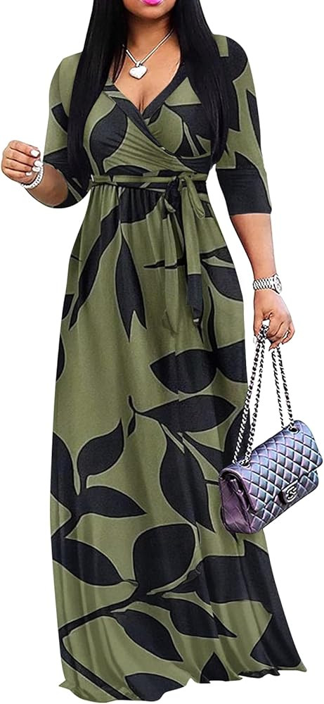 Yajedo Womens Casual Summer Maxi Dress Plus Size Sexy Warp V Neck 3/4 Sleeve Sundress with Poctet... | Amazon (US)