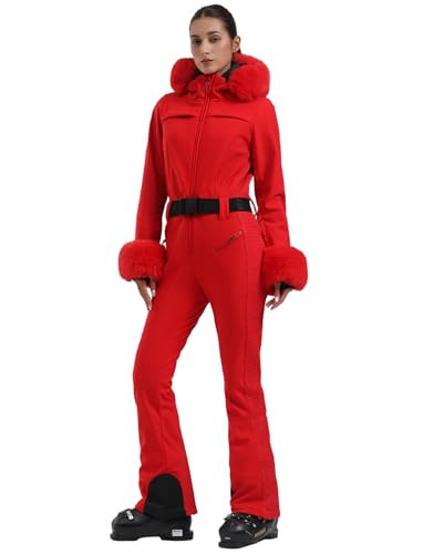 GSOU SNOW Womens Ski Suit One Piece Snowsuit Snowboard Jacket Slim Snow Jumpsuit Faux Fur Ski Outfit Waterproof Windproof Insulated,Red XL | Amazon (US)