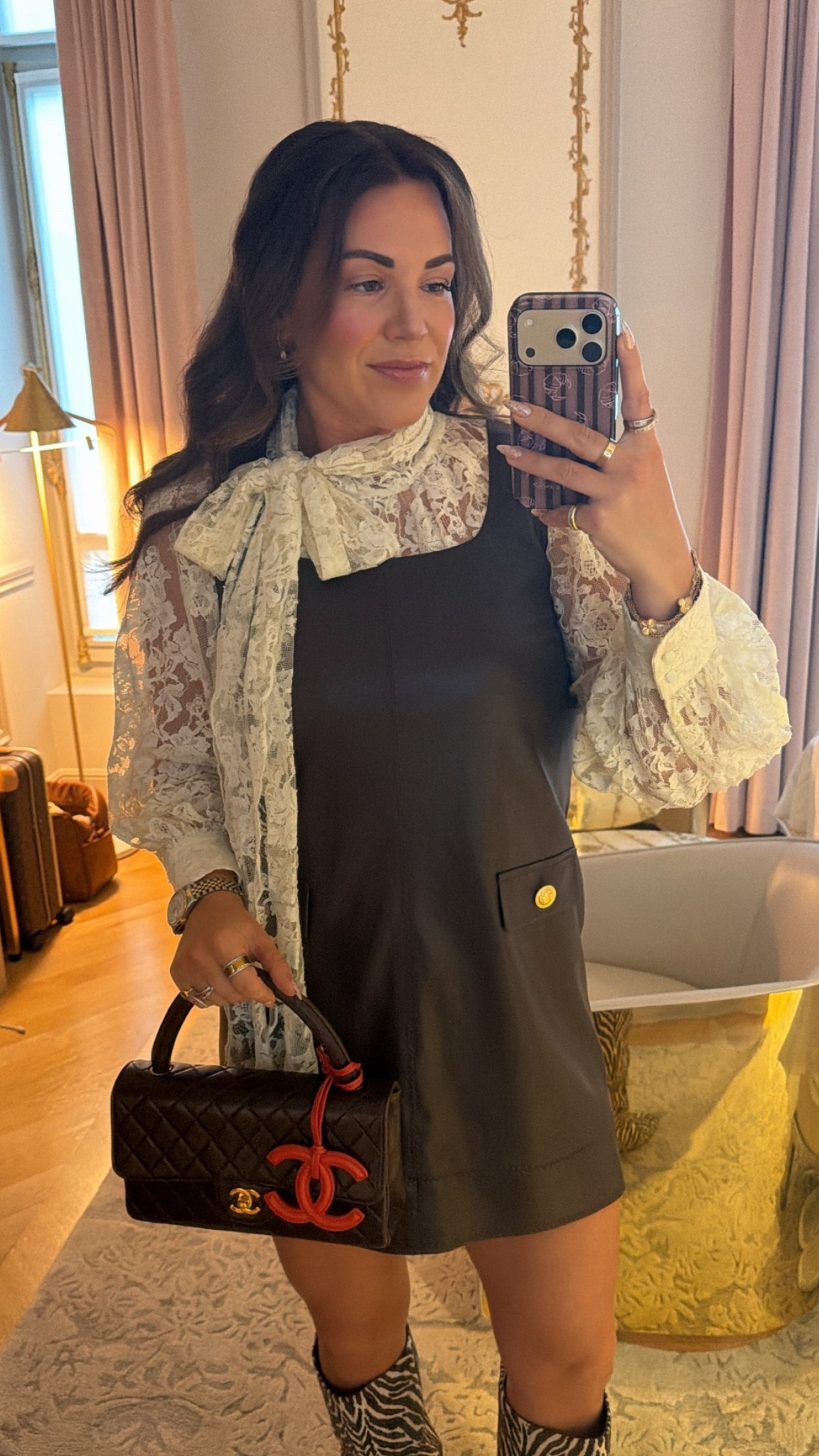curvy midsize fall look! wearing size medium in lace long sleeve bow top and size 8 in chocolate brown faux leather dress 🤎 obsessed with my zebra boots! they are fabric and so lightweight. what i wore for a day of shopping and eating in Paris!

#LTKSeasonal #LTKMidsize #LTKTravel