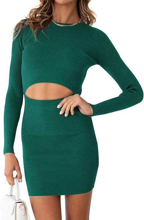 ANRABESS Women's Long Sleeve Crewneck Cutout Sweater Dress Ribbed Knit Slim Fit Bodycon Mini Dres... | Amazon (US)