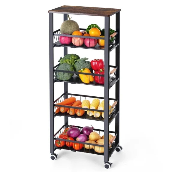 Mythinglogic 5-Tier Rolling Fruit & Vegetable Kitchen Storage Cart with Pull-Out Baskets, Wood To... | Walmart (US)