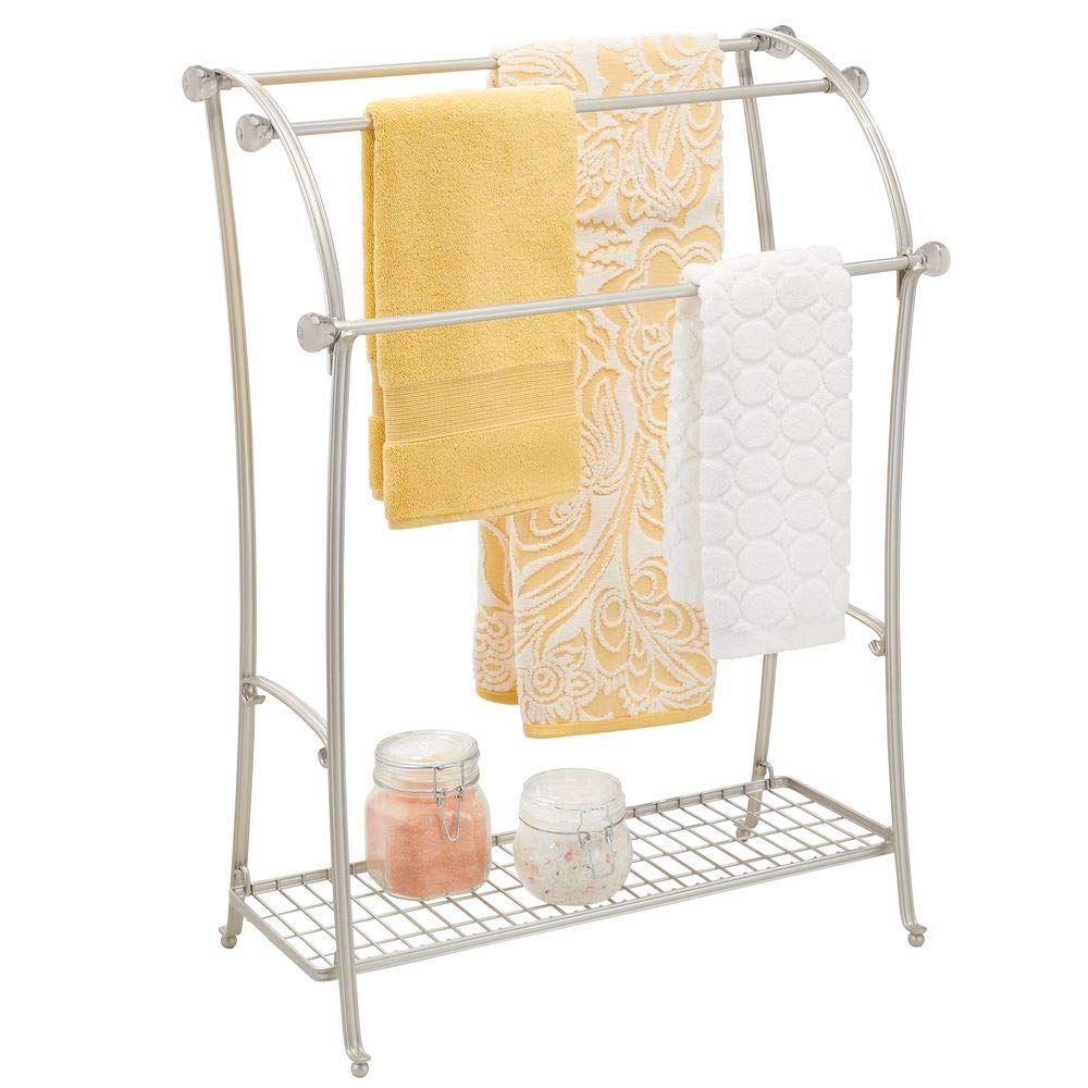 mDesign Large Freestanding Towel Rack Holder with Storage Shelf - 3 Tier Metal Organizer for Bath... | Amazon (US)