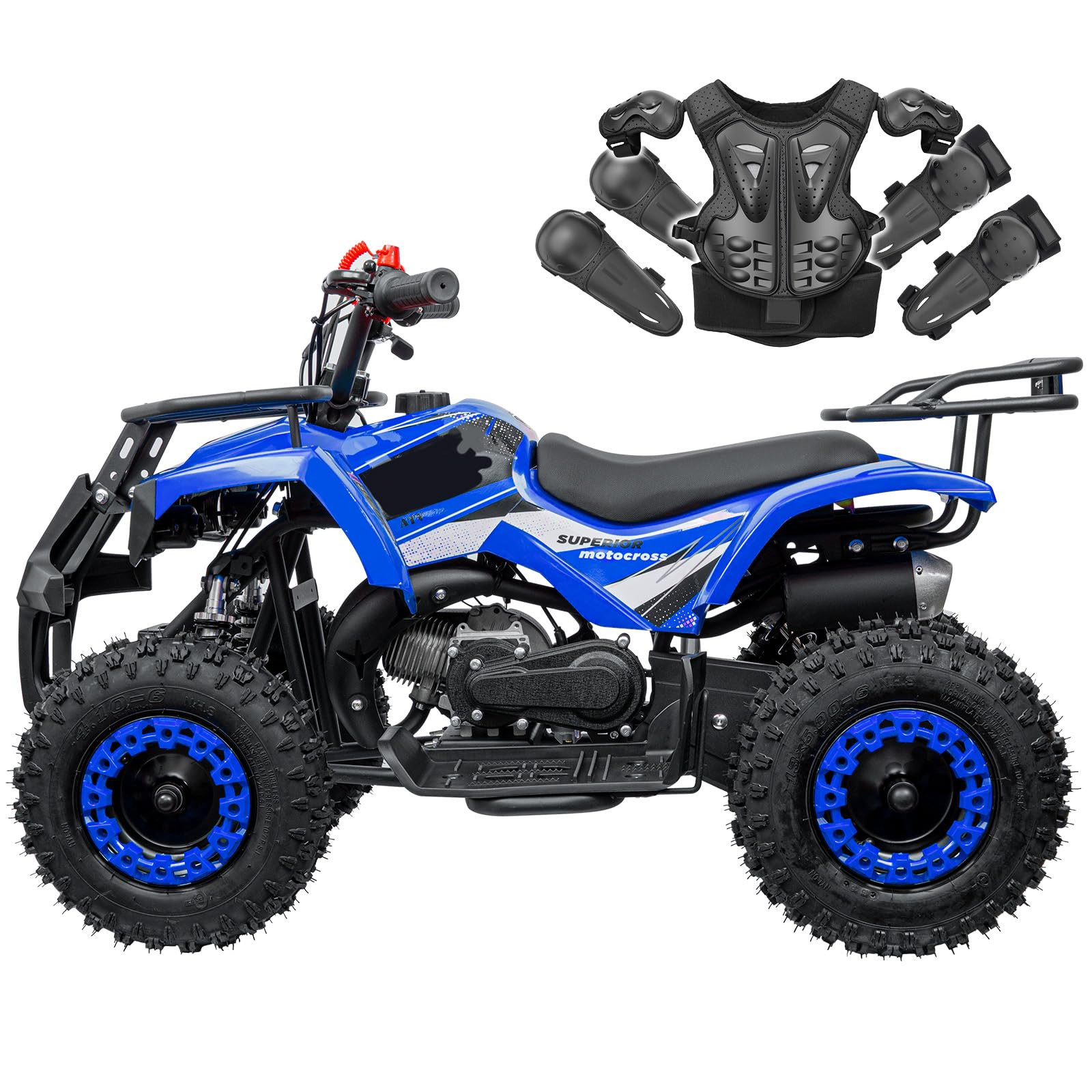 49cc Gas ATV - Off-Road 4-Wheeler with Adjustable Speed, Dual Hydraulic Brakes, Suspension & Safety Gear - 15 MPH Blue | Amazon (US)