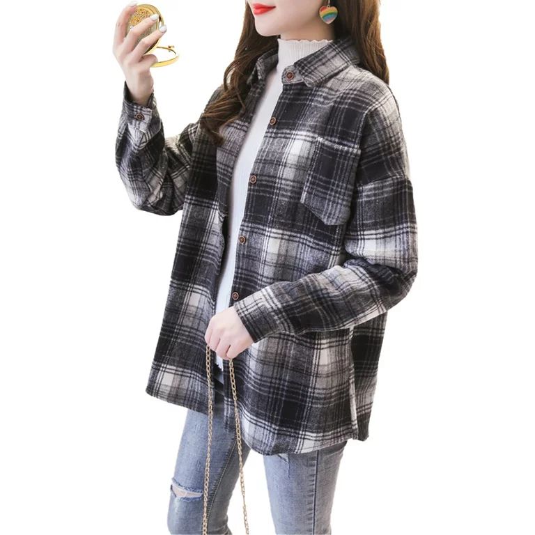 Women Casual Plaid Flannel Shirt Ladies Fashion Long-Sleeve Button Down Thick Shirt Coats | Walmart (US)