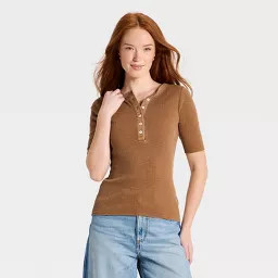 Women's Elbow Sleeve Heirloom Henley Shirt - Universal Thread\u2122 Brown S | Target
