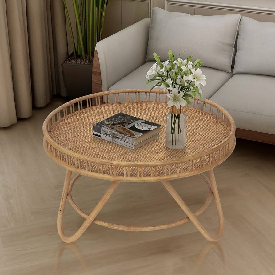 FINECASA Round Rattan Coffee Table, 32x18 '' Wicker Coffee Table, Boho Hand-Woven Rattan Top, Uni... | Amazon (US)