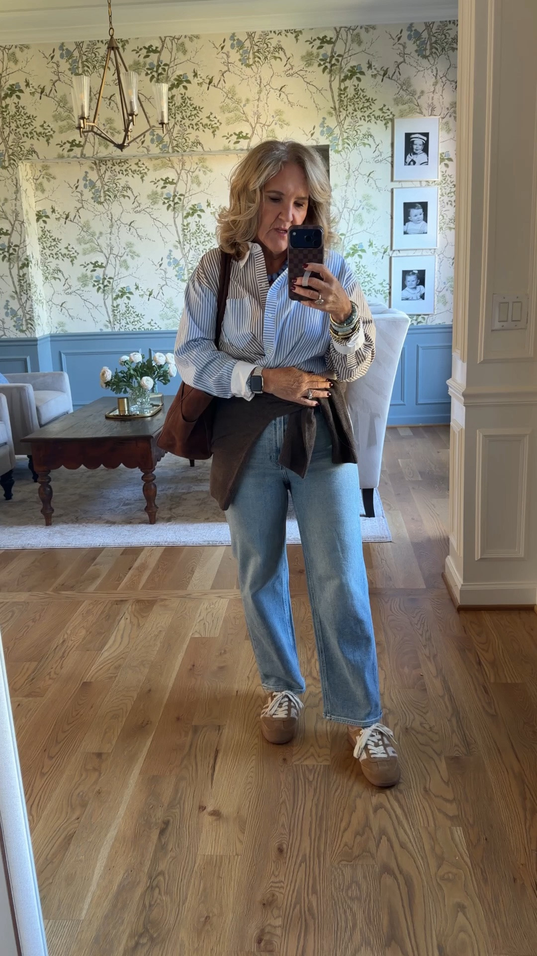 Fall outfit idea 
blouse  size medium
Jeans size 29 they are a straight leg denim of one of our favorite premium denim lines
Boatneck cashmere sweater looks great on over your shoulders or around your ways because it’s not bulky
My new bracelet stack launches on 10/8 come back tomorrow