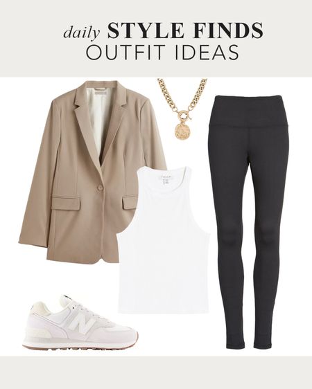 Oversized tan blazer with white tank and black leggings and white sneakers, chain necklace, casual trendy late summer fall style outfit, over 40 style, mom car pool style, trendy running errands outfit, #grwm #over40style #falloutfit2023 #momstyle #trendymomstyle #chicstyle #falltrends2023 

#LTKover40 #LTKFind #LTKstyletip