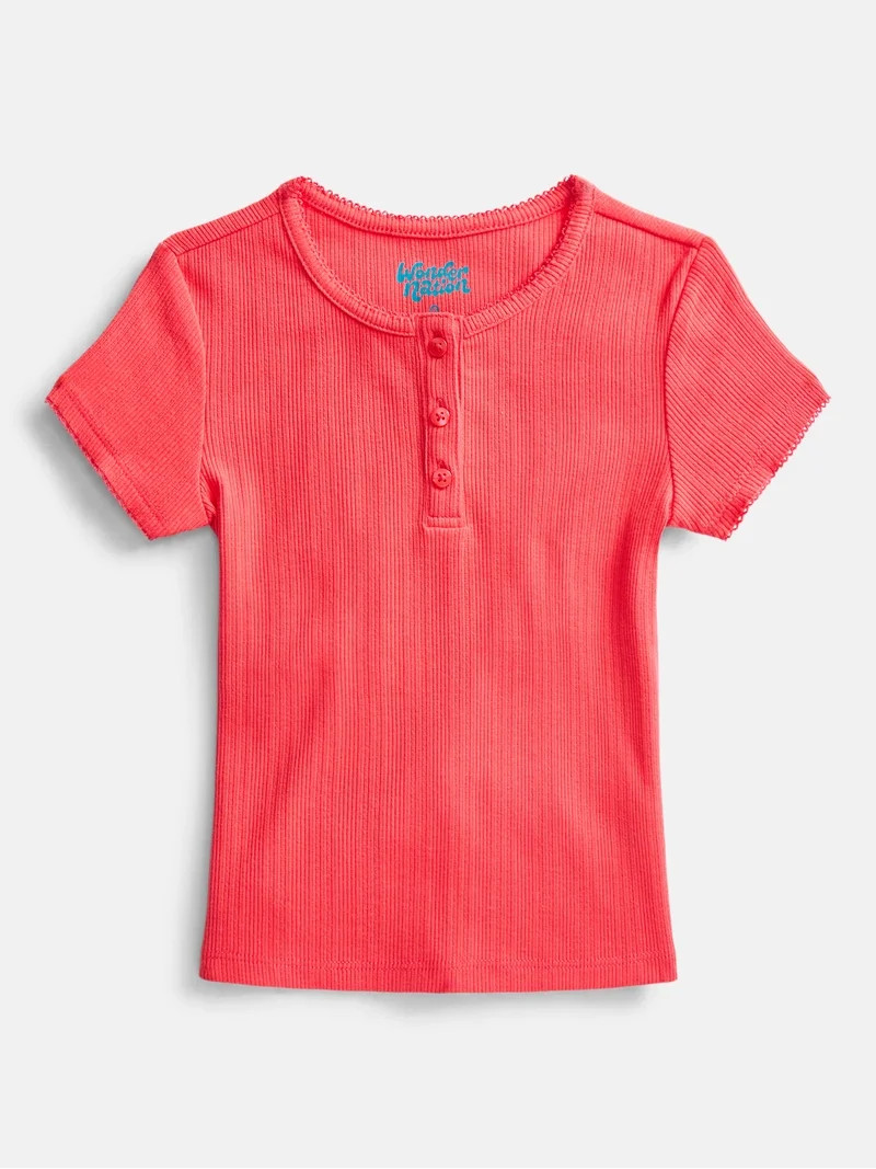 Wonder Nation Girls Baby Henley Tee with Short Sleeves, Sizes 4-10 | Walmart (US)