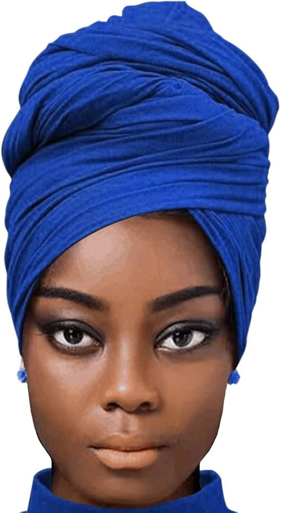 Royal Blue African Head Wraps for Women Tie for Sleeping Solid Turban Stretch Headband | Amazon (US)