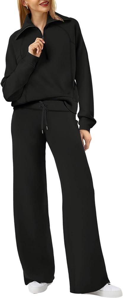 XIEERDUO Lounge Sets For Women 2024 Half Zip Sweatshirt And Wide Leg Sweatpant 2 Piece Outfits Sw... | Amazon (US)