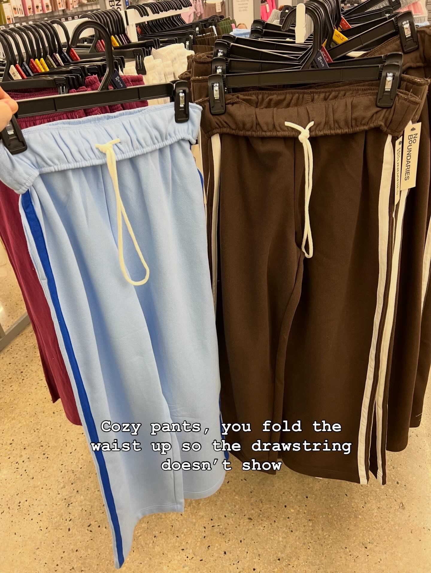 Cozy & cute wide leg fleece pants at Walmart. You can roll the waist up on these. 
Fit tts. 