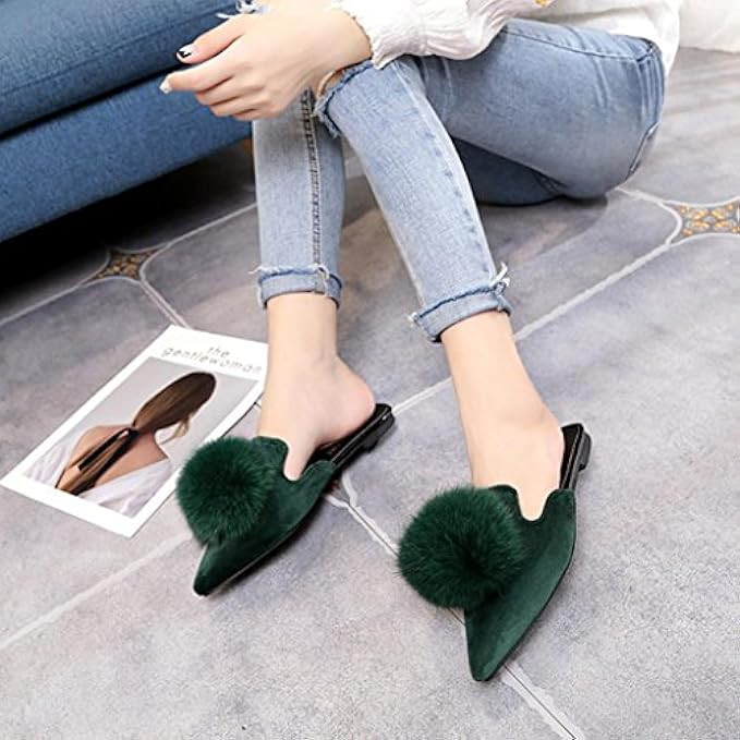 SUKEQ Women Cute Mule, Fashion Pom Pom Pointed Toe Slides Mules Backless Flats Loafers Slip On Slipp | Amazon (US)