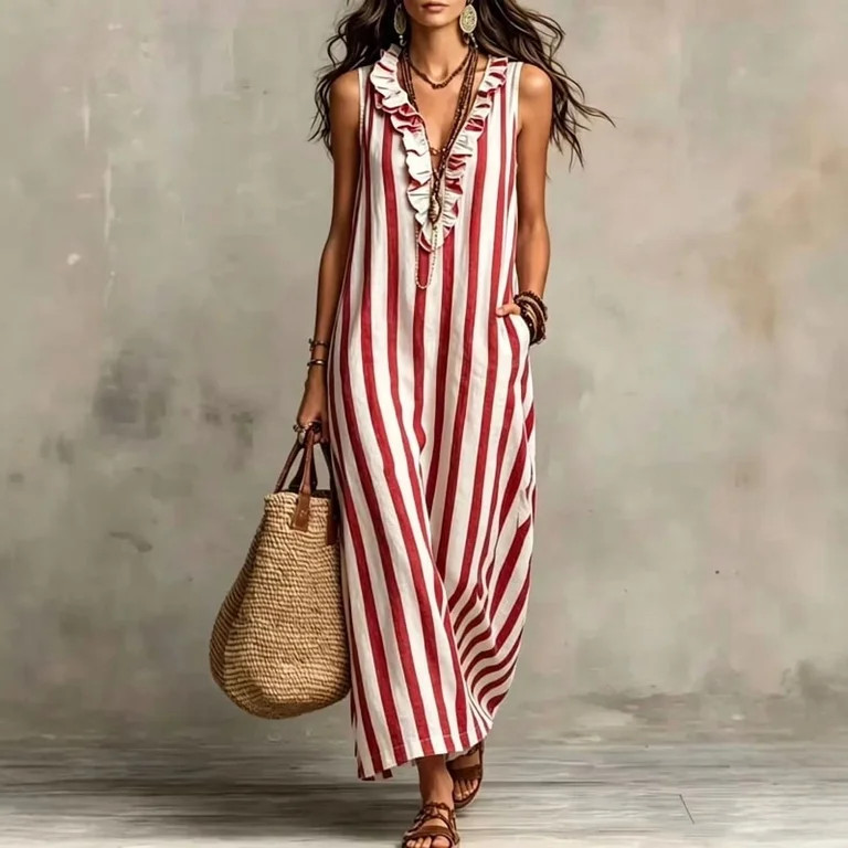 Morttic Women's Striped V-Neck Sleeveless Maxi Dress \u2013 Pocket, Ruffle Neckline, Casual Resor... | Walmart (US)