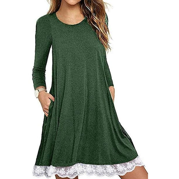 Women Fall Long Sleeve Lace Hem T-Shirt Loose Dress with Pockets | Walmart (US)