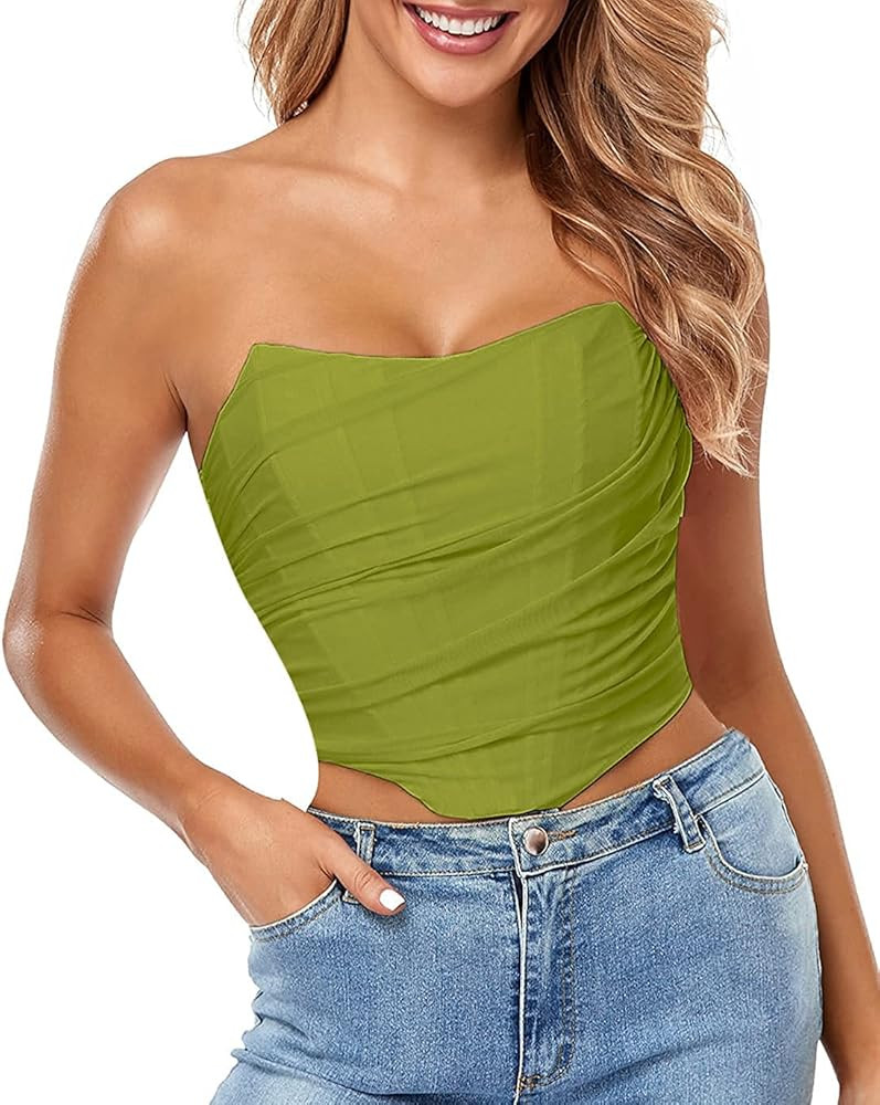 Arjungo Women's Sexy Strapless Boned Mesh Open Back Bustier Zip Up Corset Bodyshaper Crop Top | Amazon (US)