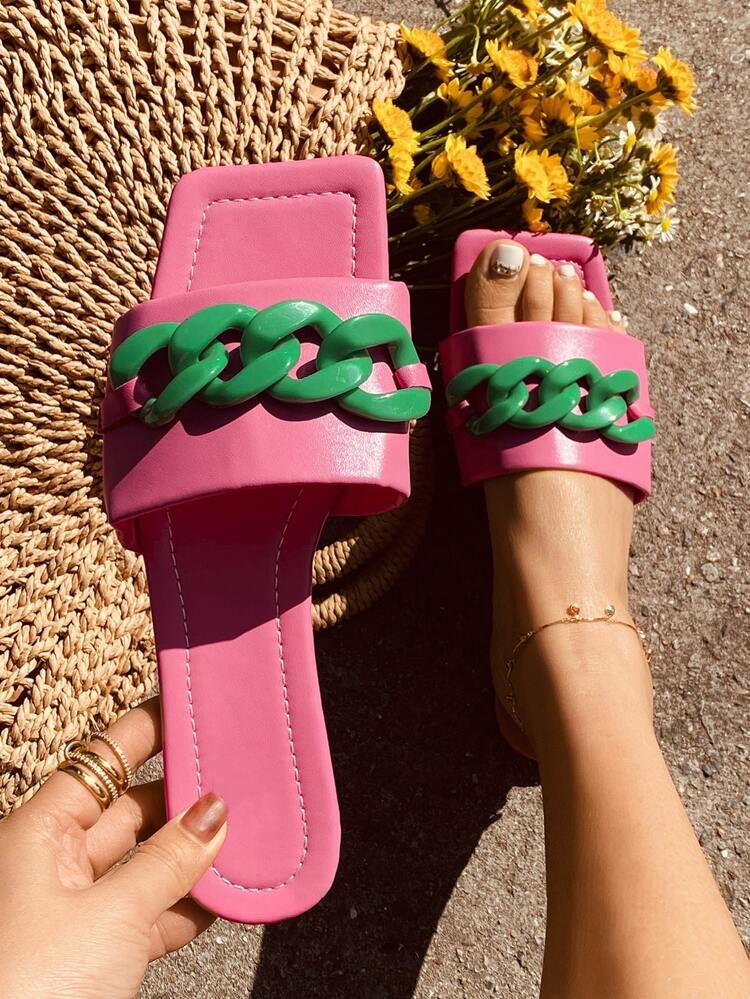 Chain Decor Colorblock Slide Sandals | SHEIN