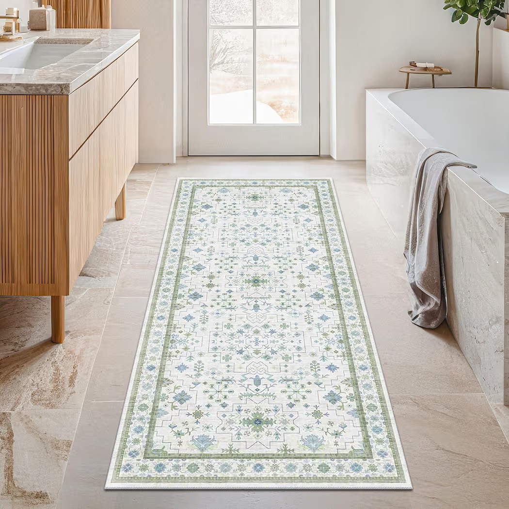 Washable Oushak Bathroom Runner Rug 2x5 - Eclectic Boho Floral Pastel, Non Slip Low Pile Stain Re... | Amazon (US)
