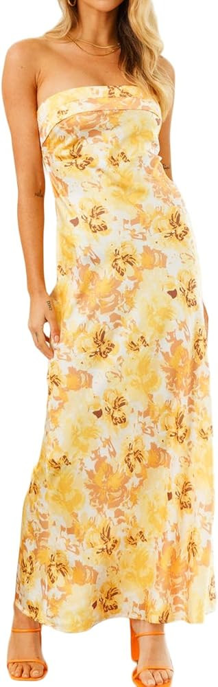 Realtix Satin Silk Backless Tube Tops Maxi Dress for Women Low Back Hollow Out Elegant Strapless ... | Amazon (US)