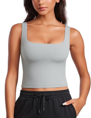CRZ YOGA Womens Butterluxe Double Lined Square Neck Tank Tops Sleeveless Workout Cropped Tight Shirts Fitted Casual Crop Tank Sterling X-Small | Amazon (US)