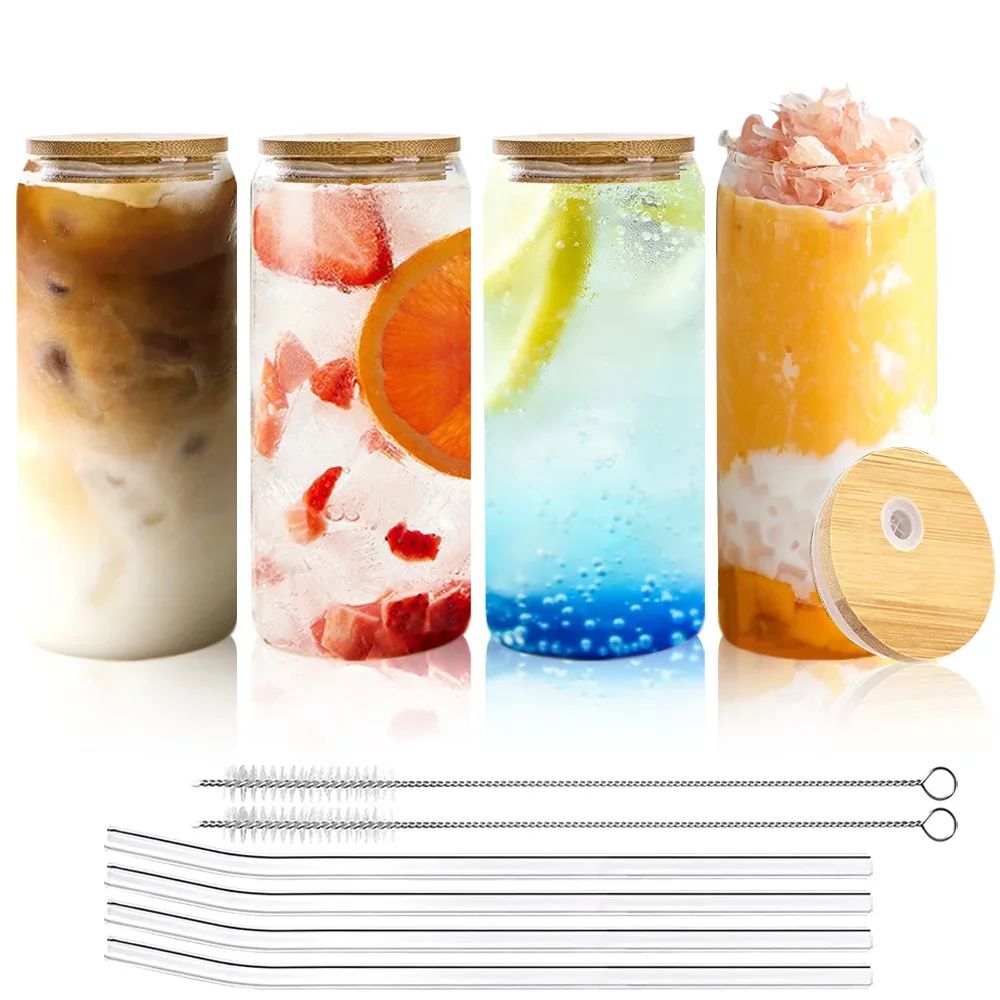 16 oz Glass Cups with Bamboo Lids and Glass Straws, Drinking Glasses Set of 4, Beer Can Shaped Gl... | Walmart (US)