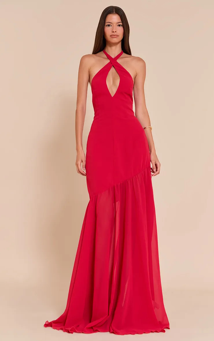 Red Chiffon Halterneck Dropped Waist Maxi Dress | PrettyLittleThing USA | PrettyLittleThing US