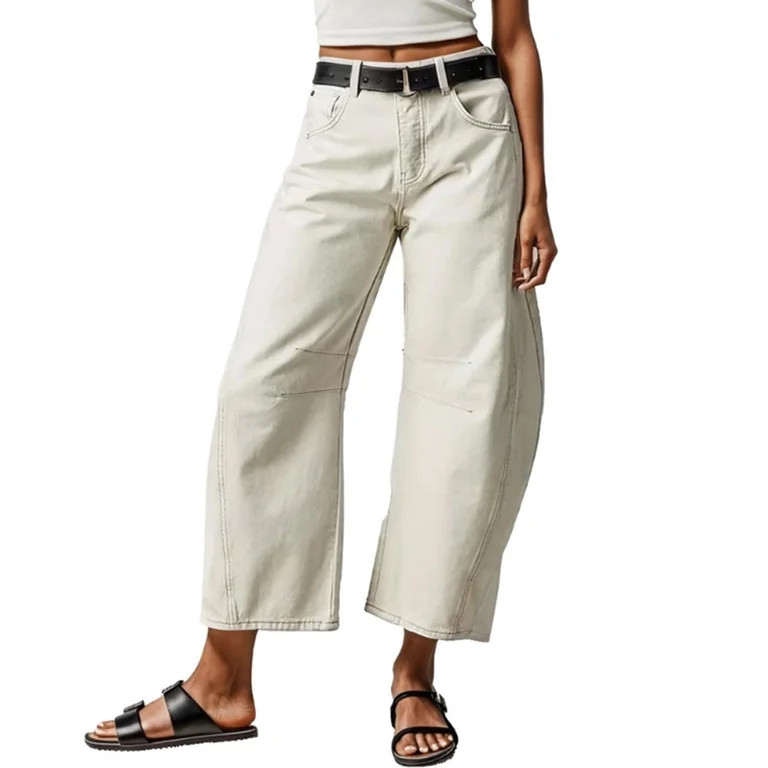 Womens Stretchy Mid Rise Barrel Jeans Vintage Loose Wide Leg Cropped Denim Pants Jeans | Walmart (US)