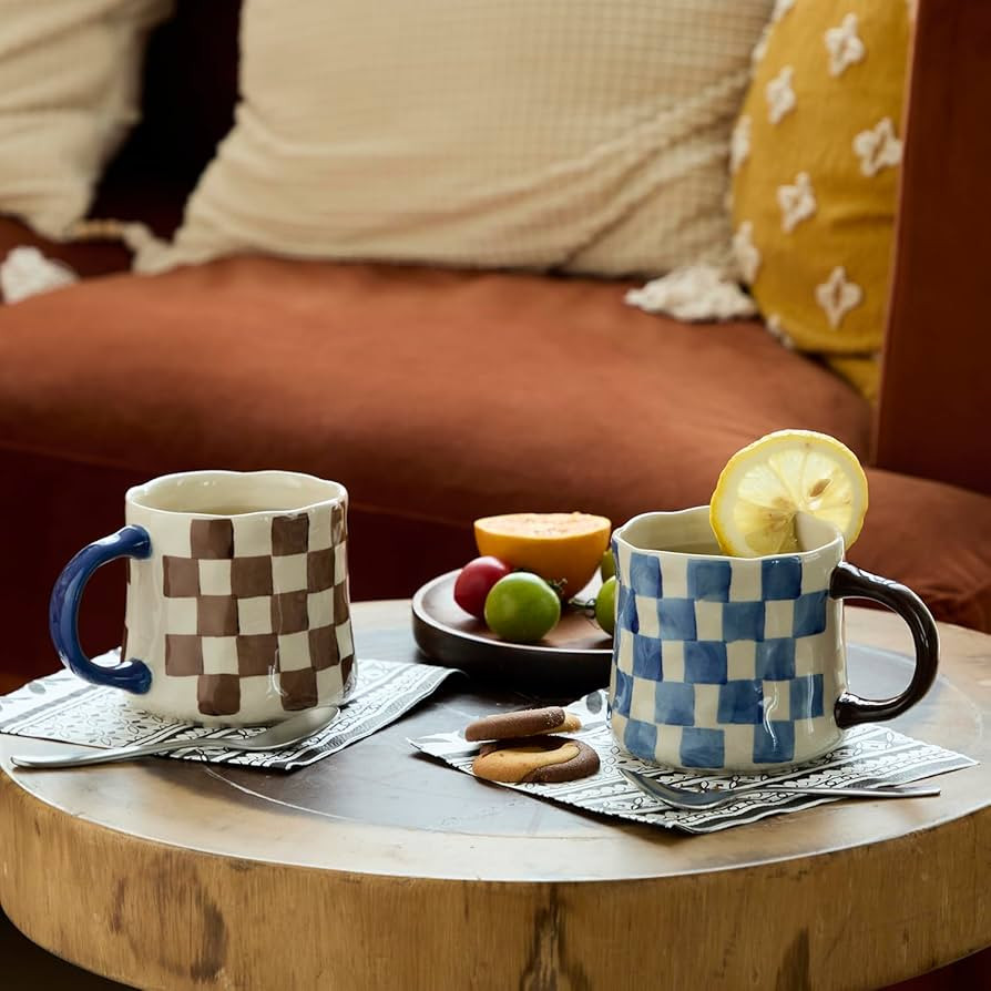 Retro Checkered Ceramic Coffee Mug 16Oz - Extra Large Handle, Microwave Safe Vintage Patterned Te... | Amazon (US)