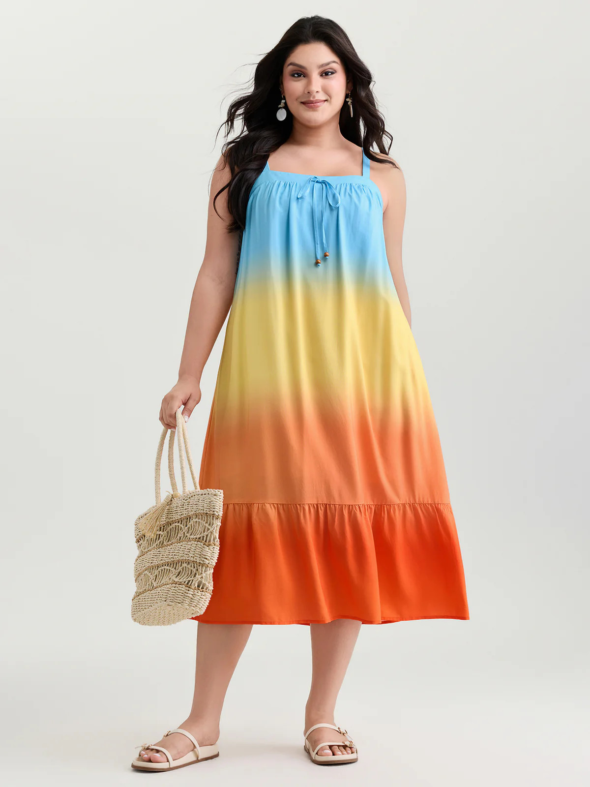 Ombre Drawstring Neckline Tiered Midi Dress | Bloomchic